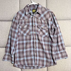 Mens Western Flannel Shirt with Snaps (Blue/Gray)‎ 100% Cotton - Large